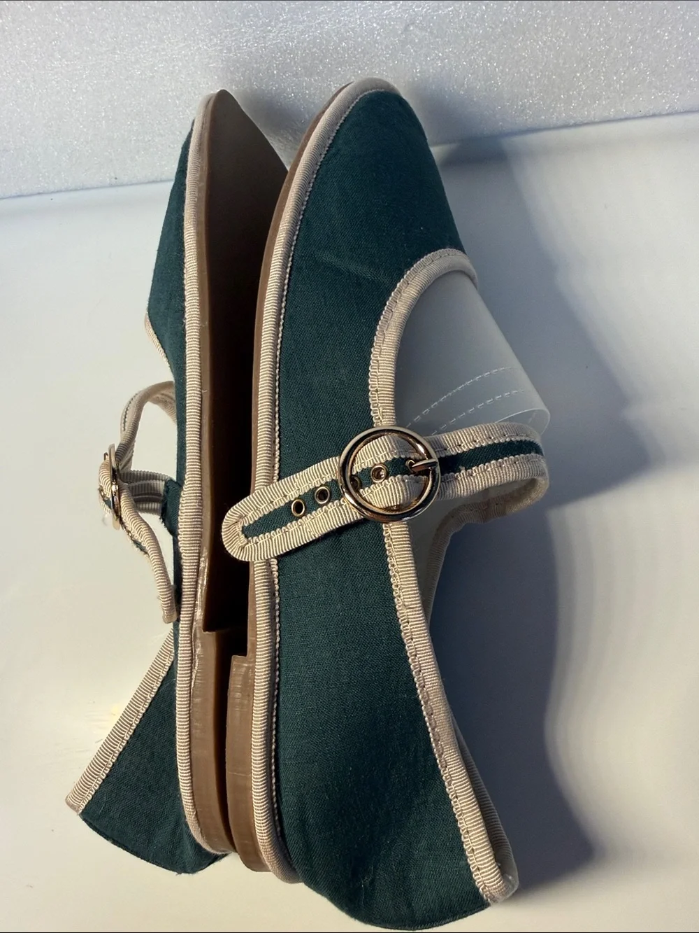 Dark Green Mary Jane Canvas Flats with Cream Trim and Buckle